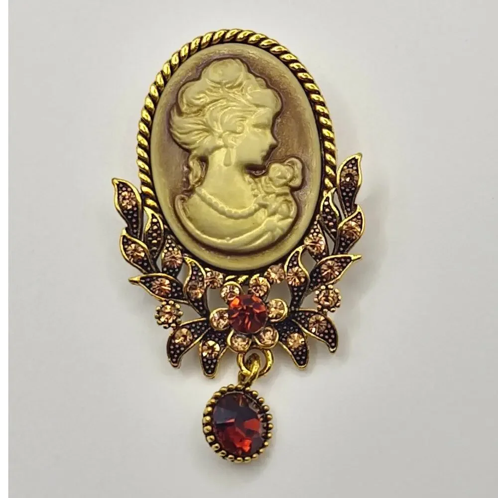 Beige Cameo Dangle Brooch Faux Jewel and Rhinestone Elegant